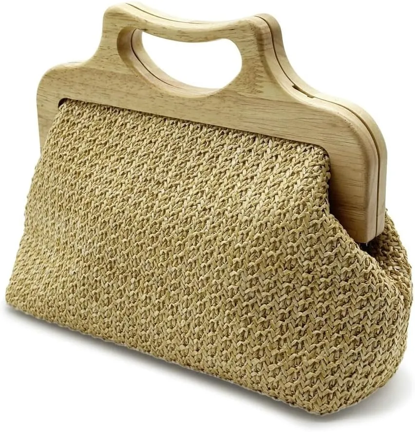 Straw Clutch for Women PP Straw Top-handle Wooden Purses Handbag Crossbody Bag for Beach Summer Travel 2025