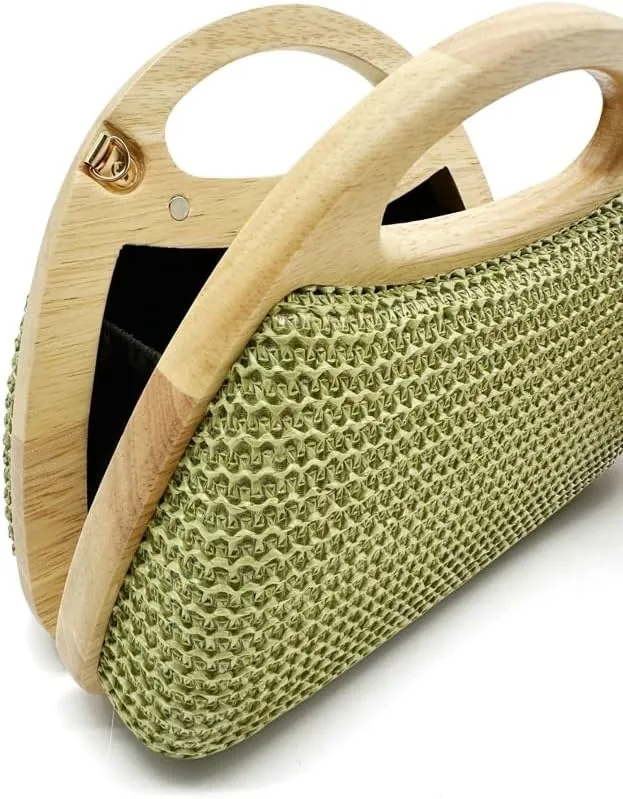 Straw Clutch for Women PP Straw Top-handle Wooden Purses Handbag Crossbody Bag for Beach Summer Travel