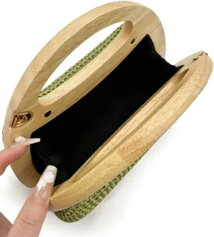 Straw Clutch for Women PP Straw Top-handle Wooden Purses Handbag Crossbody Bag for Beach Summer Travel