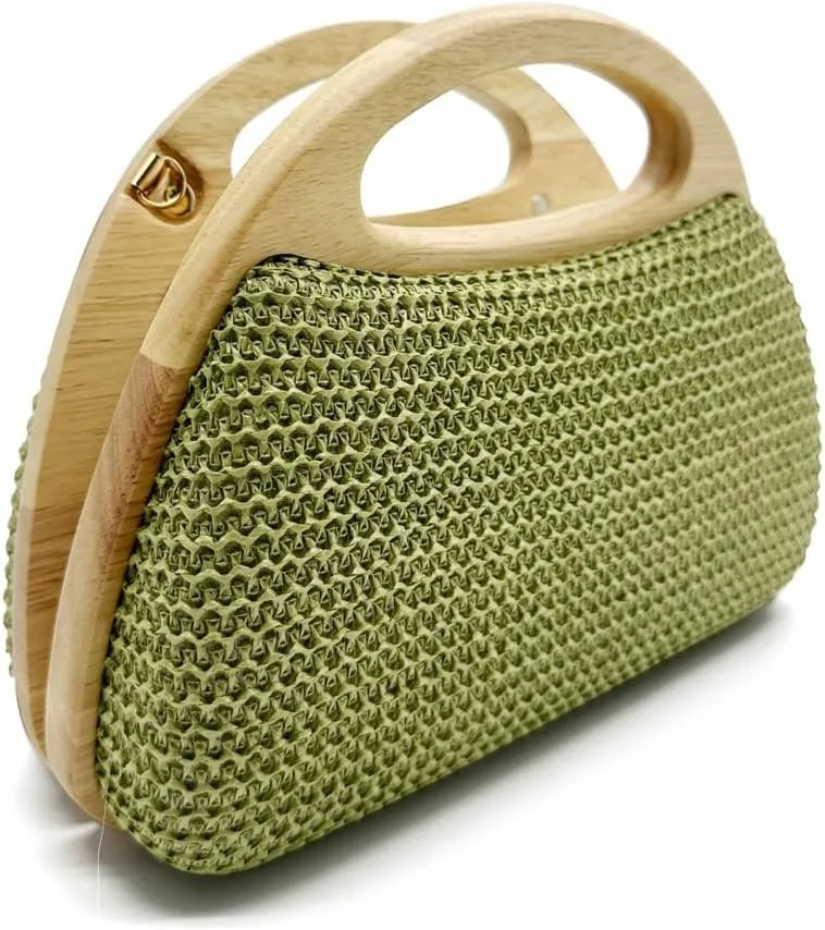 Straw Clutch for Women PP Straw Top-handle Wooden Purses Handbag Crossbody Bag for Beach Summer Travel