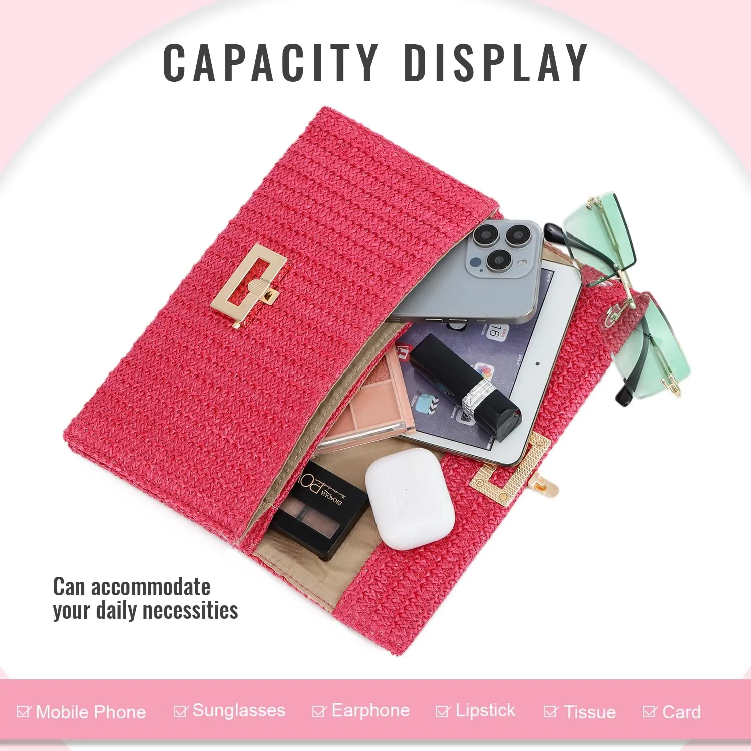 Straw Clutch Purses for Women Summer Beach Bag Woven Purse Wicker Rattan Envelope Clutch for Wedding