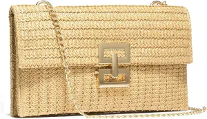 Straw Clutch Purses Women Summer Beach Handbags Rattan Fold Over Crossbody Shoulder Bag Woven Evening Bag Chain