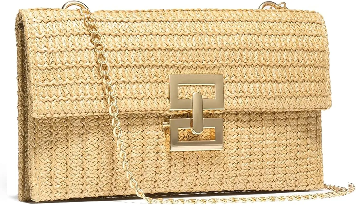 Straw Clutch Purses Women Summer Beach Handbags Rattan Fold Over Crossbody Shoulder Bag Woven Evening Bag Chain