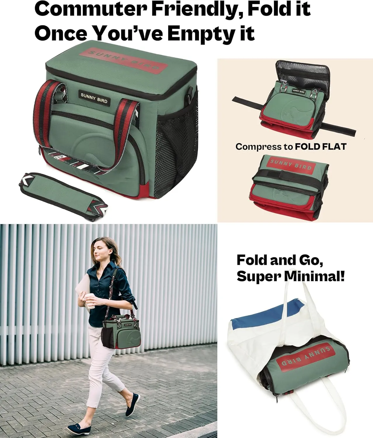 SUNNY BIRD 12L Large Insulated Lunch Bag, Foldable Lunch Cooler Box for Women Adult and Men, Fits 18 Cans (Green with Boho Strap)