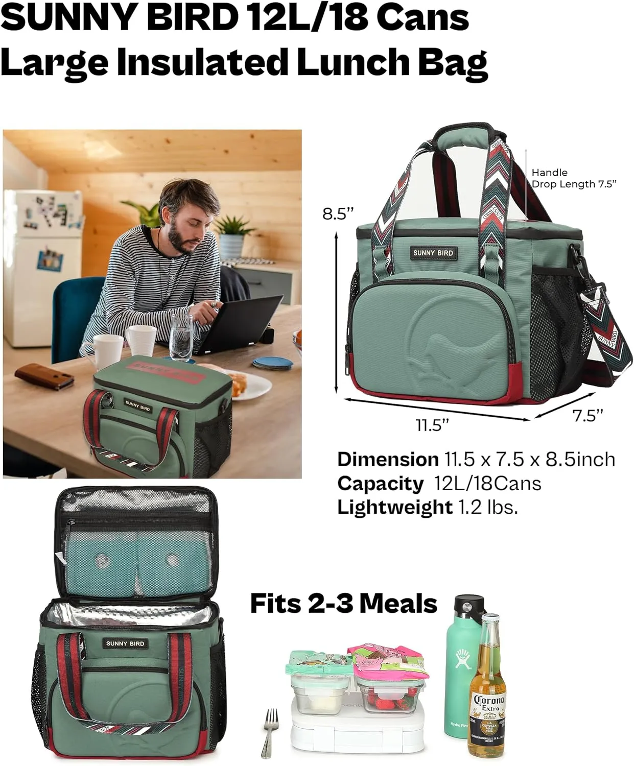 SUNNY BIRD 12L Large Insulated Lunch Bag, Foldable Lunch Cooler Box for Women Adult and Men, Fits 18 Cans (Green with Boho Strap)