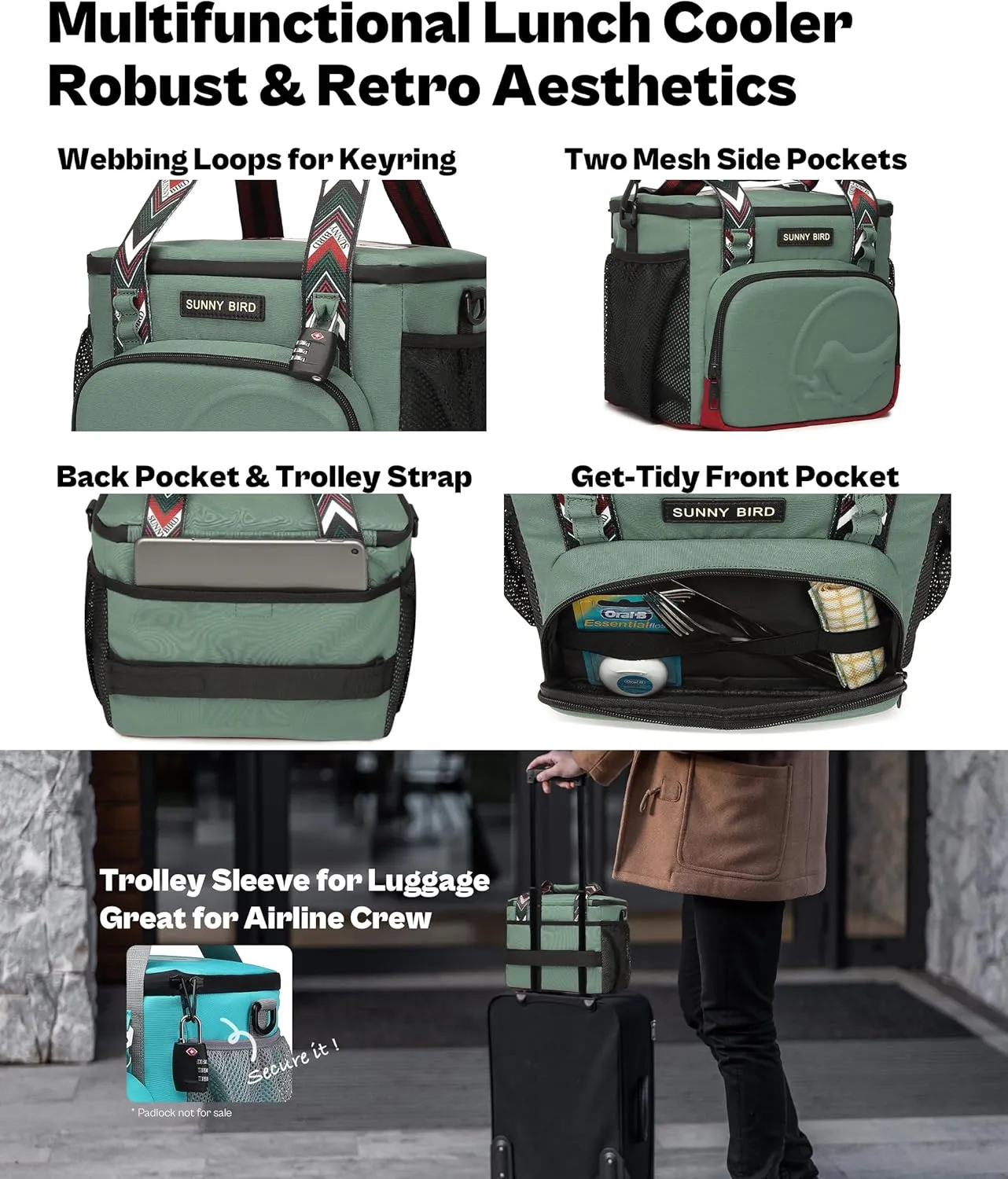 SUNNY BIRD 12L Large Insulated Lunch Bag, Foldable Lunch Cooler Box for Women Adult and Men, Fits 18 Cans (Green with Boho Strap)