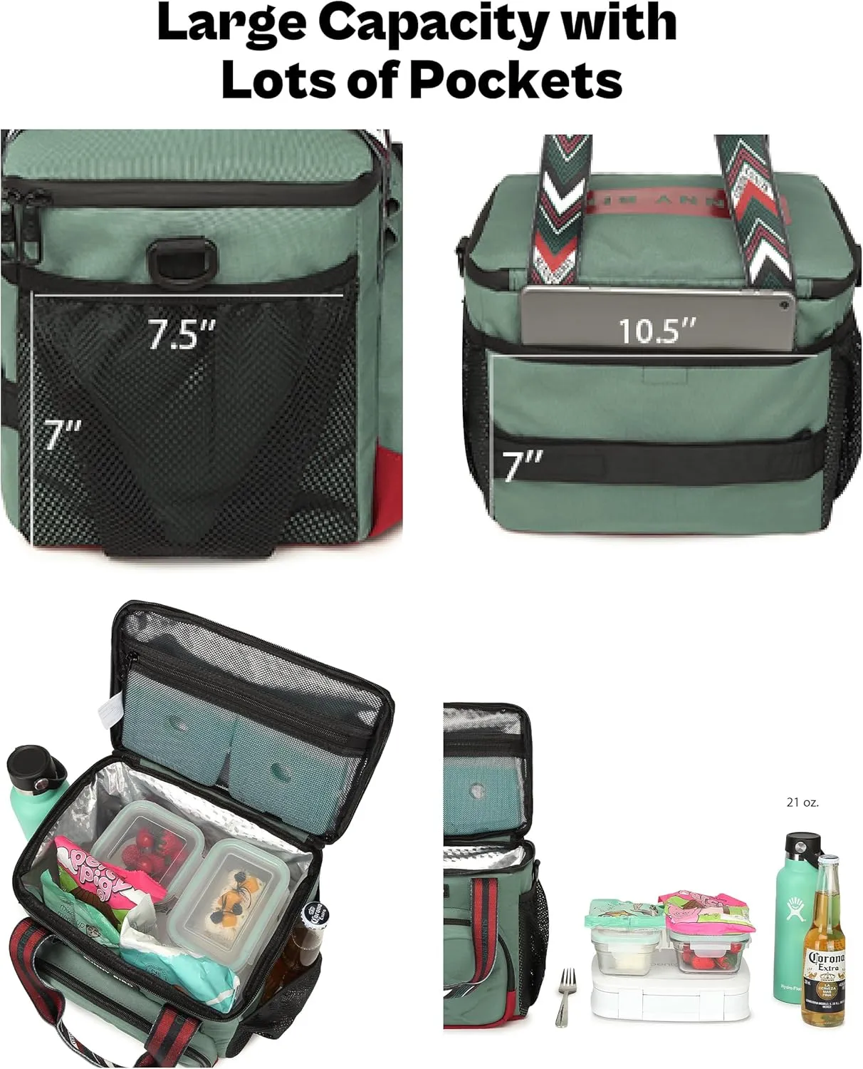 SUNNY BIRD 12L Large Insulated Lunch Bag, Foldable Lunch Cooler Box for Women Adult and Men, Fits 18 Cans (Green with Boho Strap)