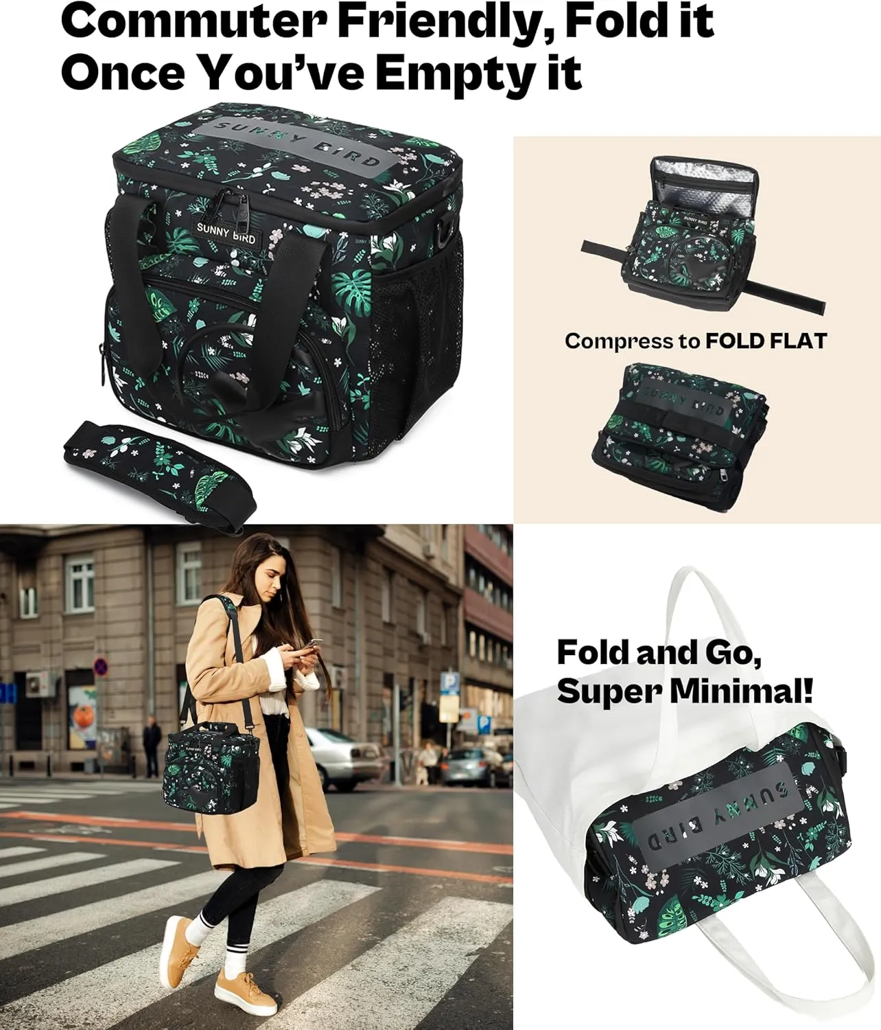 SUNNY BIRD 12L Large Insulated Lunch Bag, Leakproof and Foldable Lunch Cooler Box for Women Adult and Men, Fits 18 Cans (Floral & Foliage)