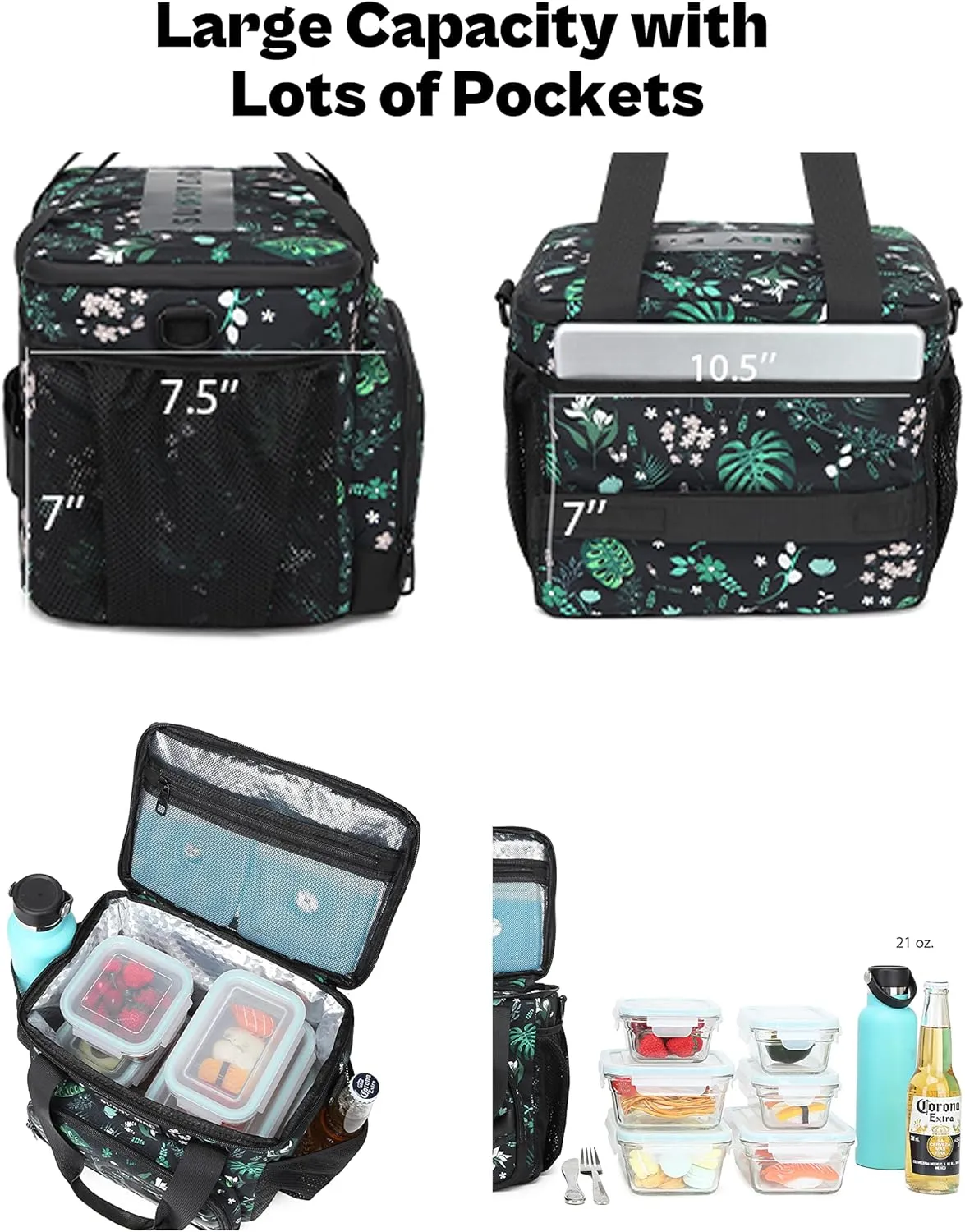 SUNNY BIRD 12L Large Insulated Lunch Bag, Leakproof and Foldable Lunch Cooler Box for Women Adult and Men, Fits 18 Cans (Floral & Foliage)