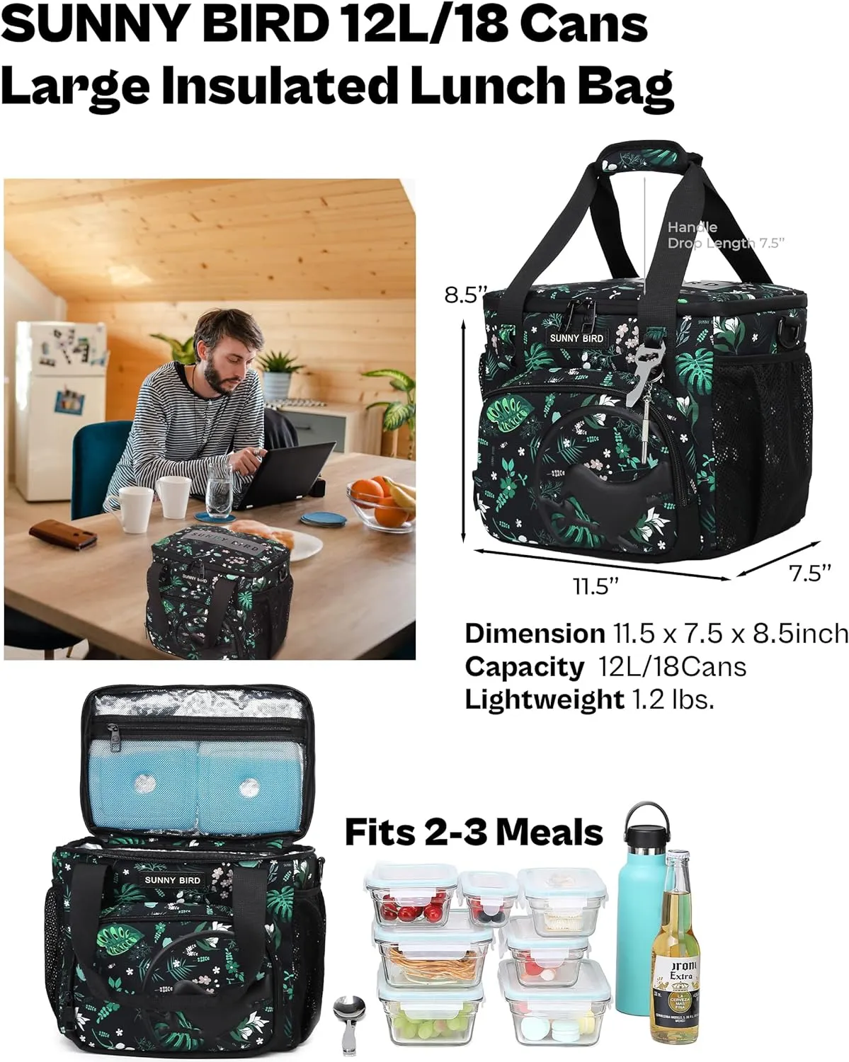 SUNNY BIRD 12L Large Insulated Lunch Bag, Leakproof and Foldable Lunch Cooler Box for Women Adult and Men, Fits 18 Cans (Floral & Foliage)