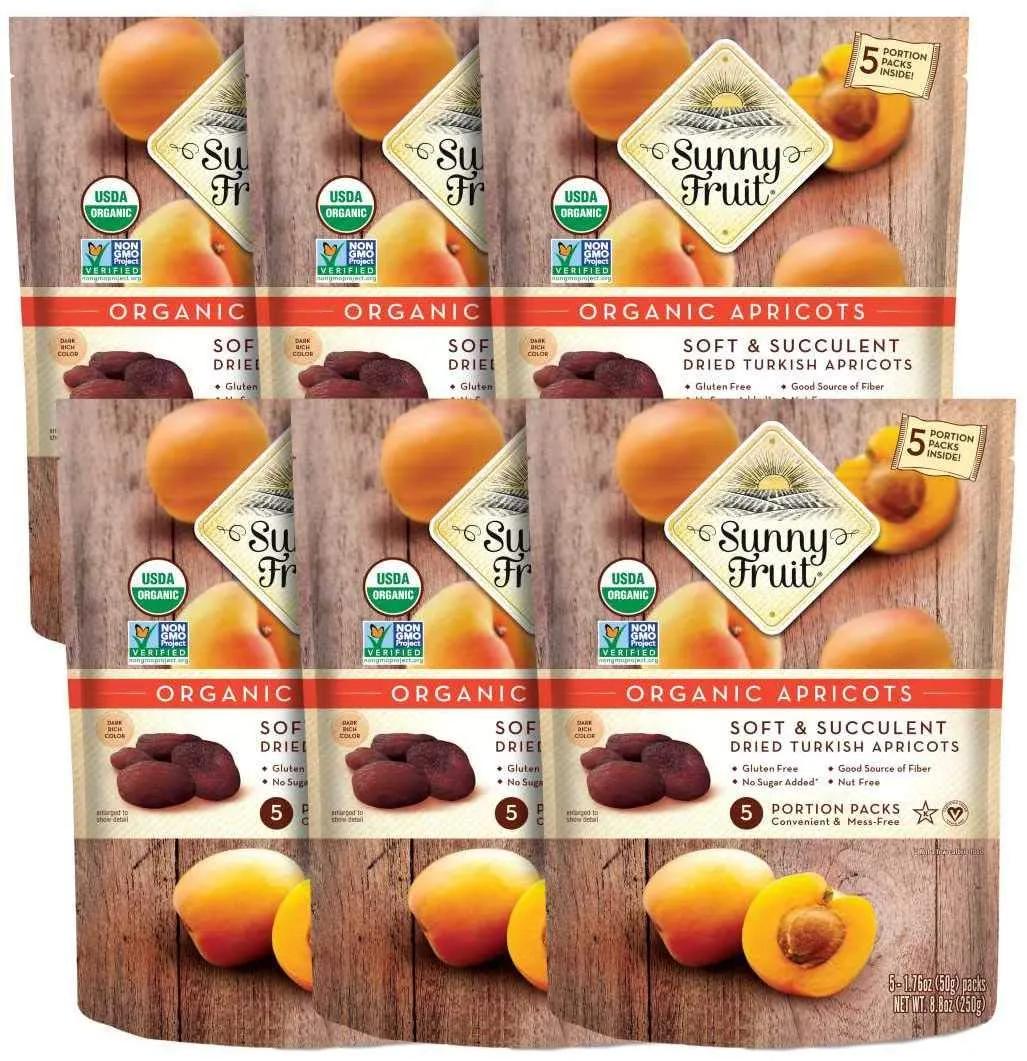 Sunny Fruit Soft Organic Turkish Dried Apricots - 6 Bags (30 Individual Portion Packs) | Healthy, Convenient Snack Packs | ORGANIC, NON-GMO, VEGAN, HALAL, KOSHER, NO PRESERVATIVES, NO SUGAR ADDED