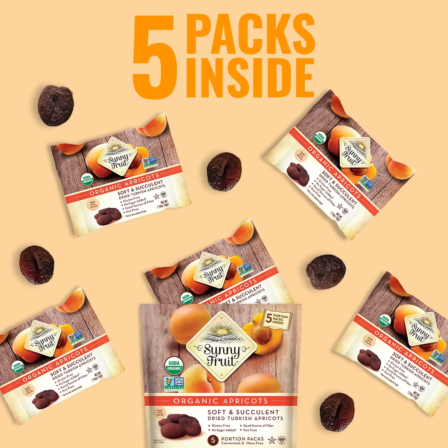 Sunny Fruit Soft Organic Turkish Dried Apricots - 6 Bags (30 Individual Portion Packs) | Healthy, Convenient Snack Packs | ORGANIC, NON-GMO, VEGAN, HALAL, KOSHER, NO PRESERVATIVES, NO SUGAR ADDED