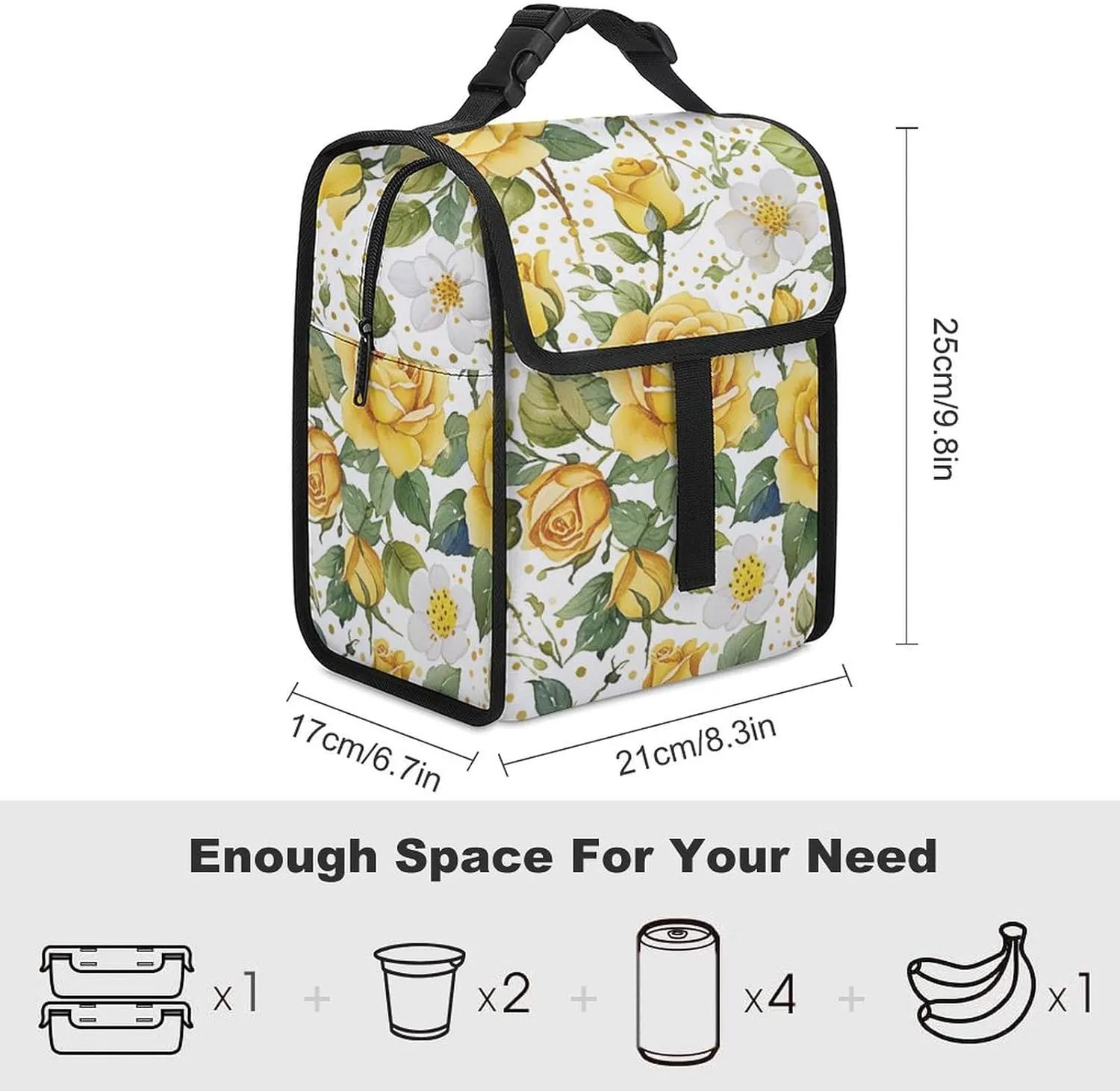 SWEET TANG Cute Reusable Lunch Bag with Buckle - Insulated Washable Work Office Lunch Handbags Compatible with Floral Chic Flowers Roses Pedals Dots Leaves Buds Spring Season Theme for Women Men