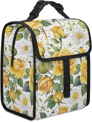 SWEET TANG Cute Reusable Lunch Bag with Buckle - Insulated Washable Work Office Lunch Handbags Compatible with Floral Chic Flowers Roses Pedals Dots Leaves Buds Spring Season Theme for Women Men