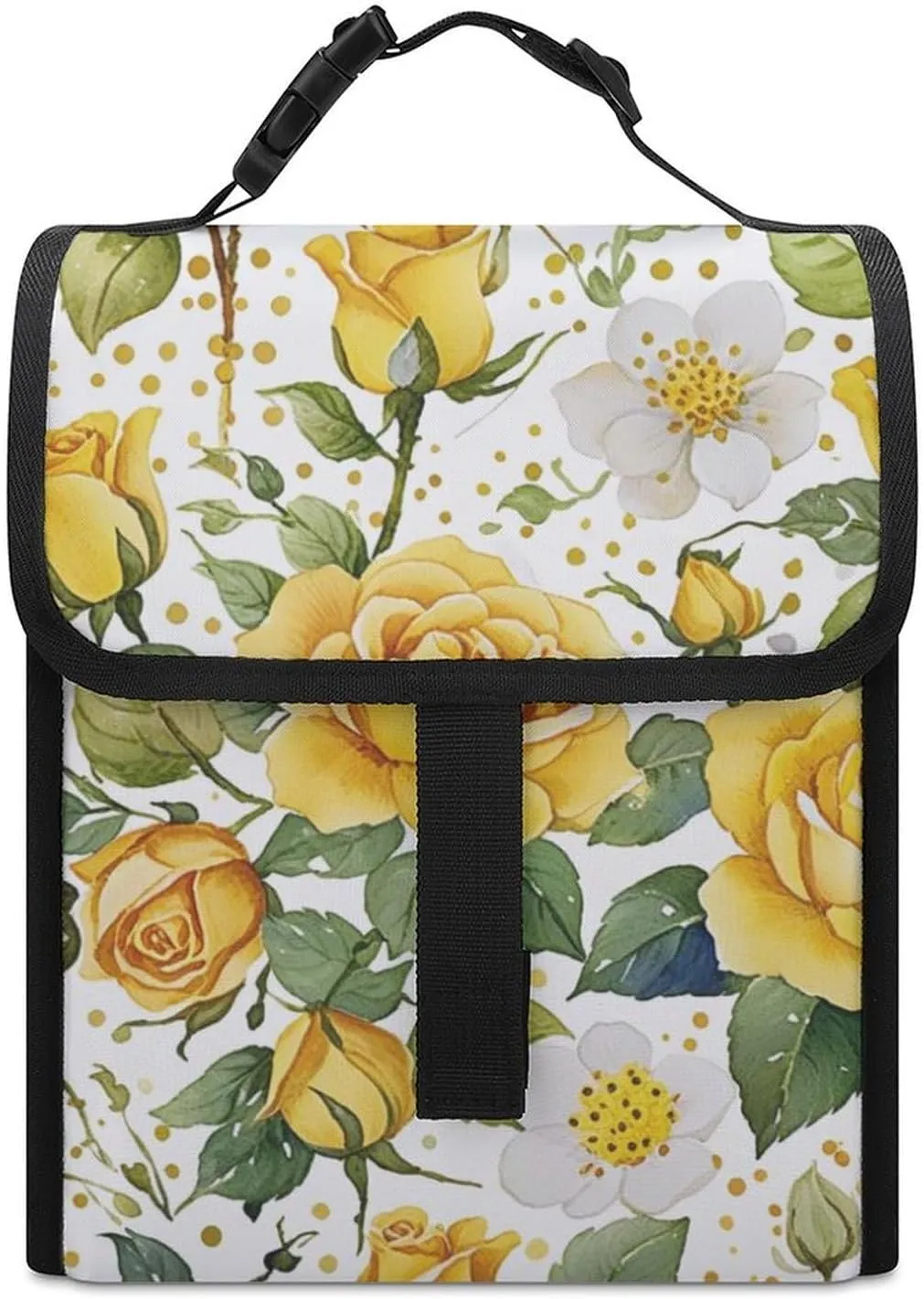 SWEET TANG Cute Reusable Lunch Bag with Buckle - Insulated Washable Work Office Lunch Handbags Compatible with Floral Chic Flowers Roses Pedals Dots Leaves Buds Spring Season Theme for Women Men
