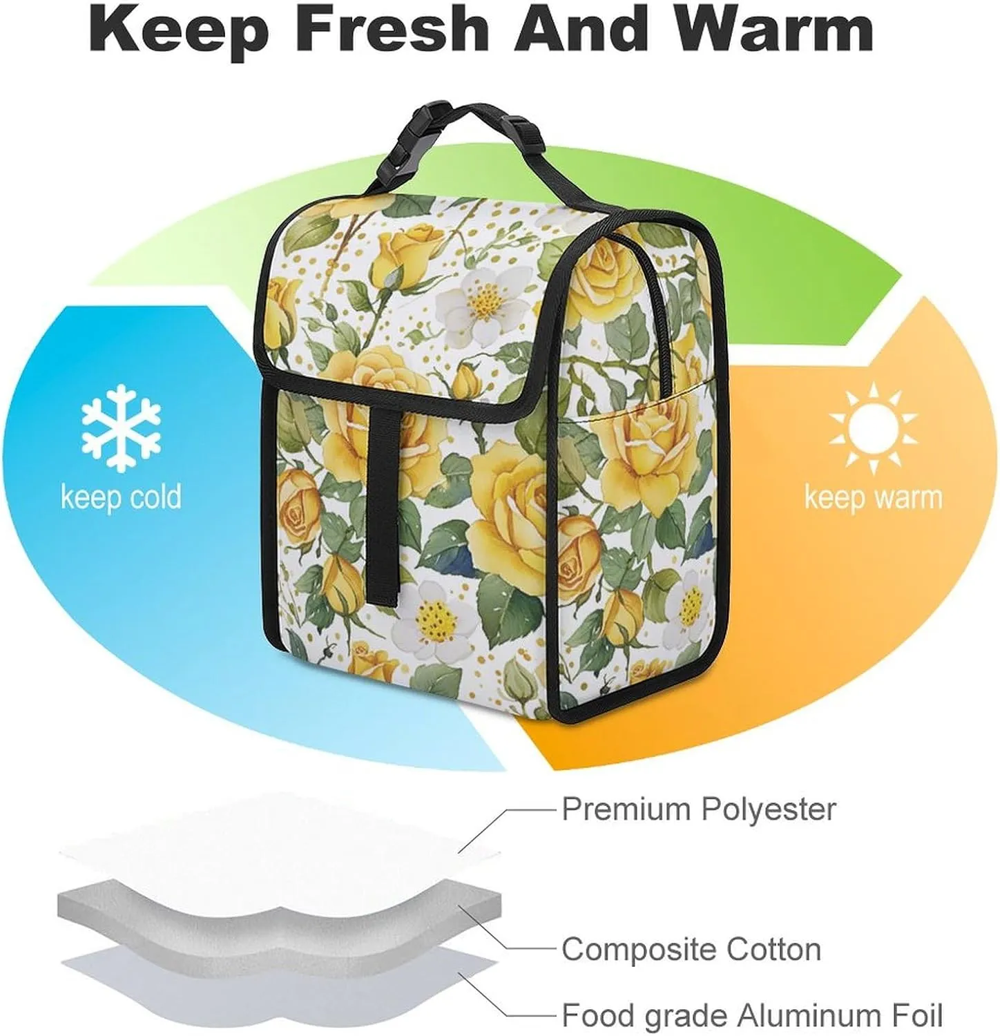 SWEET TANG Cute Reusable Lunch Bag with Buckle - Insulated Washable Work Office Lunch Handbags Compatible with Floral Chic Flowers Roses Pedals Dots Leaves Buds Spring Season Theme for Women Men