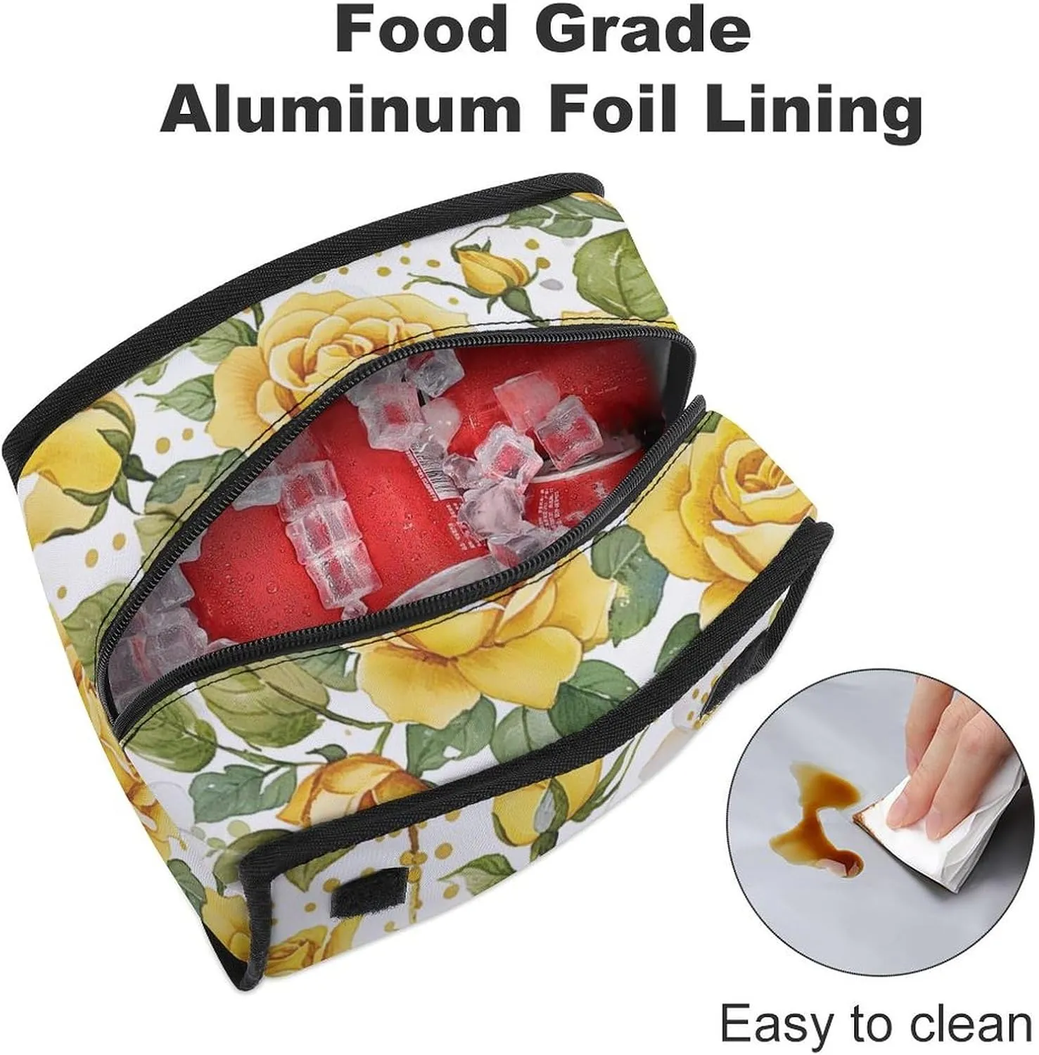 SWEET TANG Cute Reusable Lunch Bag with Buckle - Insulated Washable Work Office Lunch Handbags Compatible with Floral Chic Flowers Roses Pedals Dots Leaves Buds Spring Season Theme for Women Men