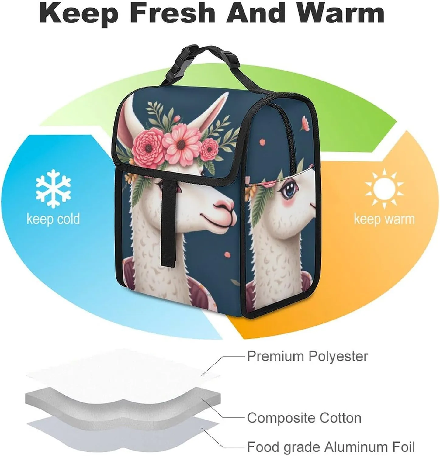 SWEET TANG Insulated Lunch Bag with Buckle - Compatible with Floral Llama Navy Blue Bento Handbags Reusable College Travel Bag Cooler Warm for Men Women