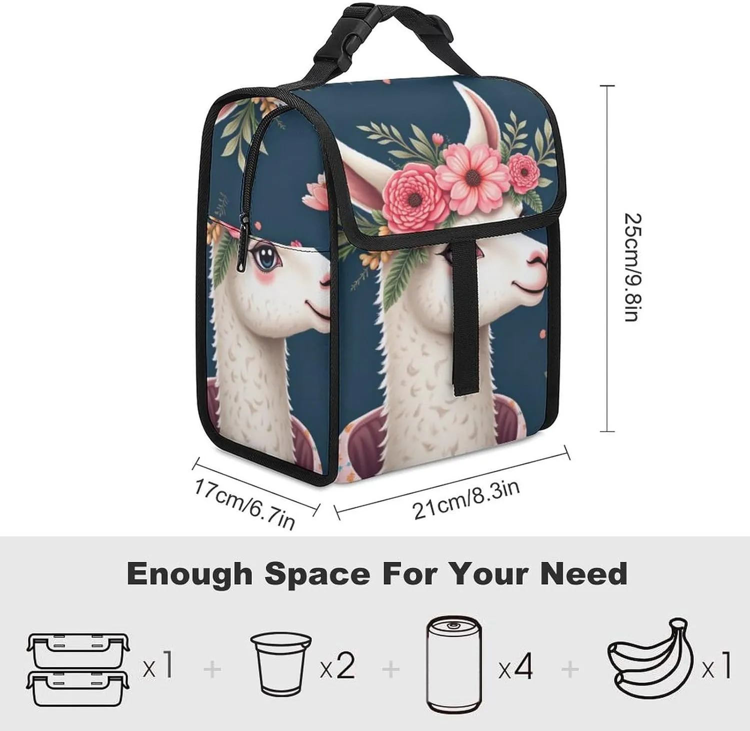 SWEET TANG Insulated Lunch Bag with Buckle - Compatible with Floral Llama Navy Blue Bento Handbags Reusable College Travel Bag Cooler Warm for Men Women