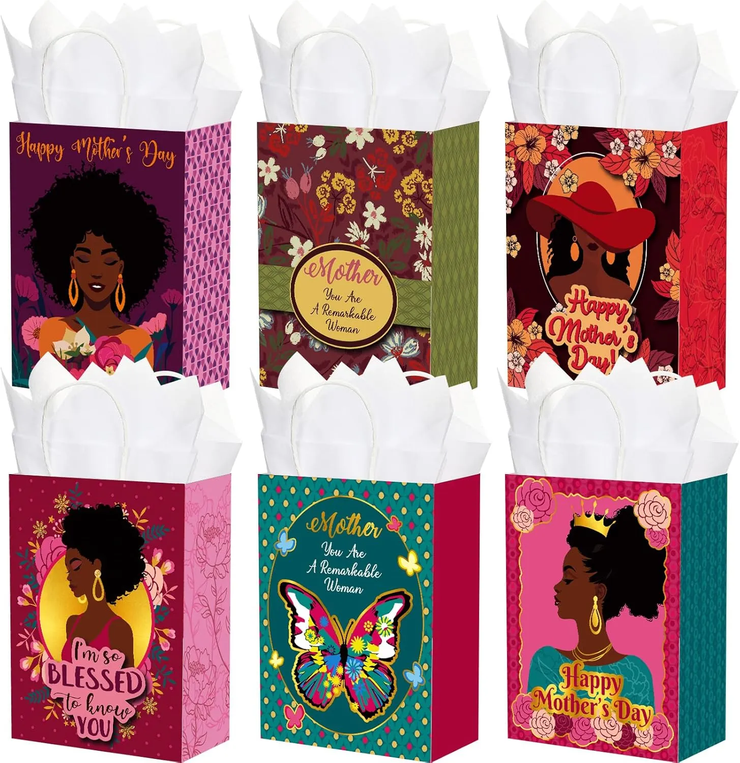 Sweetude 24 Pcs African American Mother's Day Gift Bags with Tissue Paper, Happy Mother's Day Paper Bags Gift Wrap Bags with Handle for Black Mom Grandma Mother's Day Birthday Party Decor