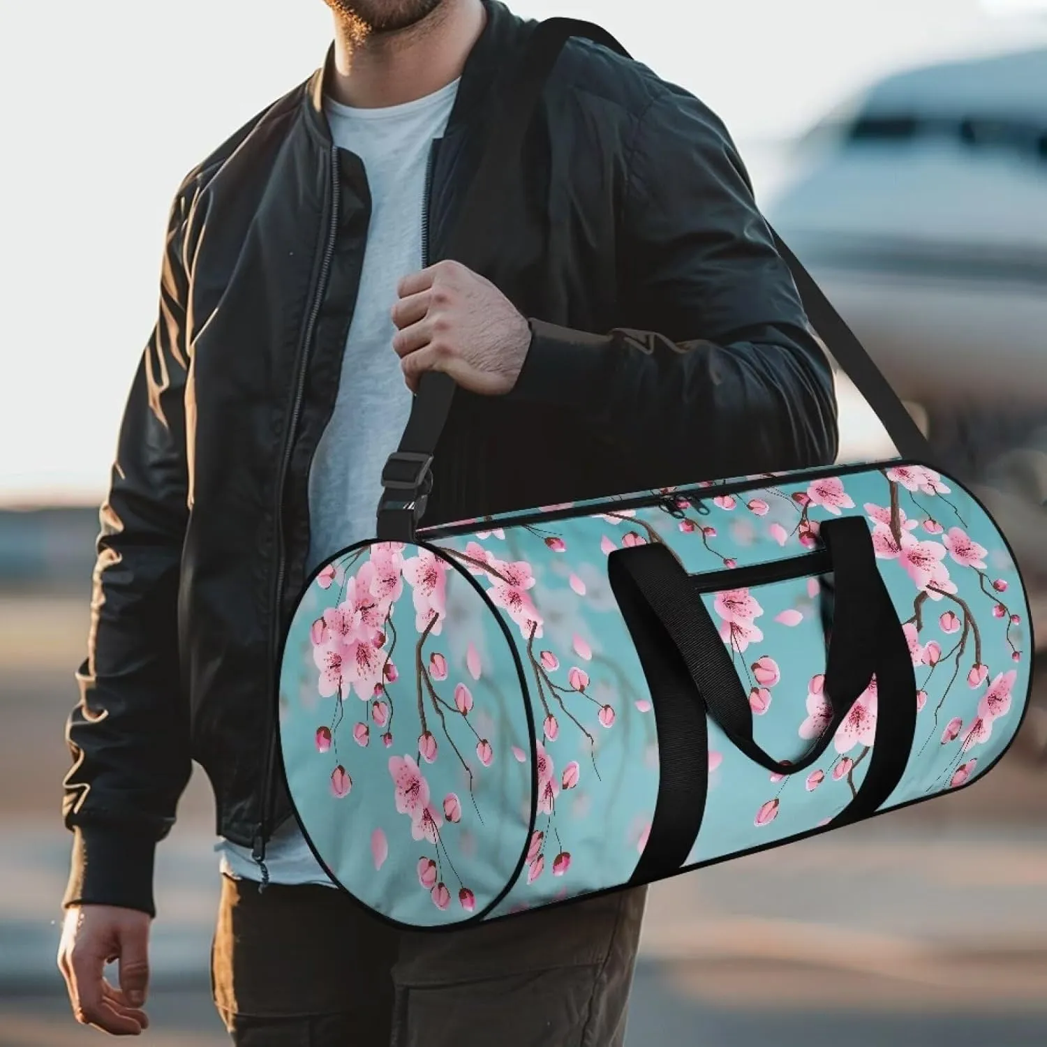 Talayituse Blue Cherry Blossom Print Duffel Bag for Women Gym Duffel Bag Carry On Garment Duffel Bag Portable Travel Bag with Shoulder Strap Zipper Workout Bag Crossbody Tote Bag Weekender Bag