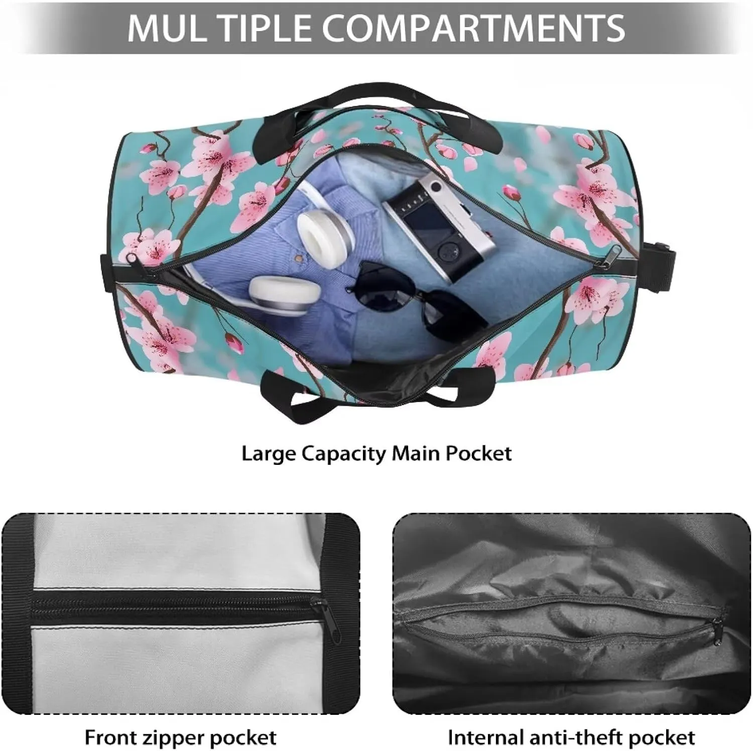 Talayituse Blue Cherry Blossom Print Duffel Bag for Women Gym Duffel Bag Carry On Garment Duffel Bag Portable Travel Bag with Shoulder Strap Zipper Workout Bag Crossbody Tote Bag Weekender Bag