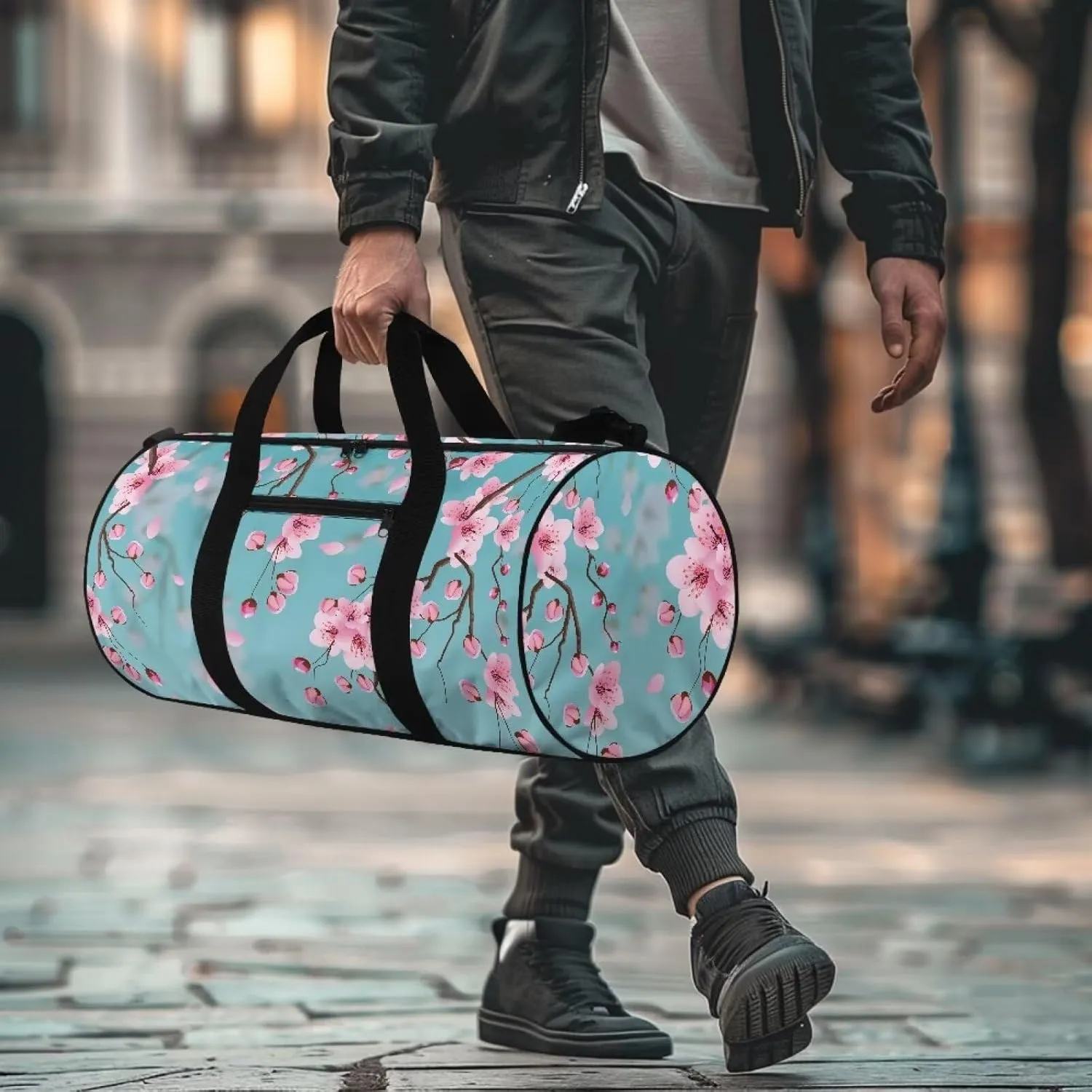 Talayituse Blue Cherry Blossom Print Duffel Bag for Women Gym Duffel Bag Carry On Garment Duffel Bag Portable Travel Bag with Shoulder Strap Zipper Workout Bag Crossbody Tote Bag Weekender Bag