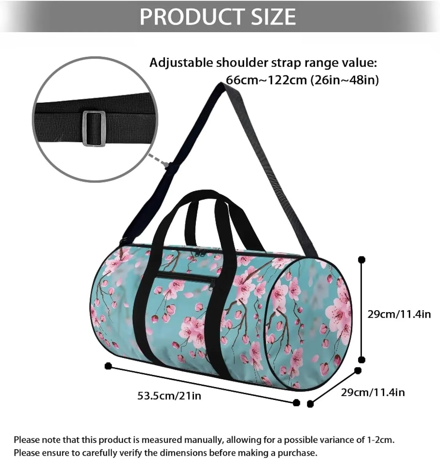 Talayituse Blue Cherry Blossom Print Duffel Bag for Women Gym Duffel Bag Carry On Garment Duffel Bag Portable Travel Bag with Shoulder Strap Zipper Workout Bag Crossbody Tote Bag Weekender Bag