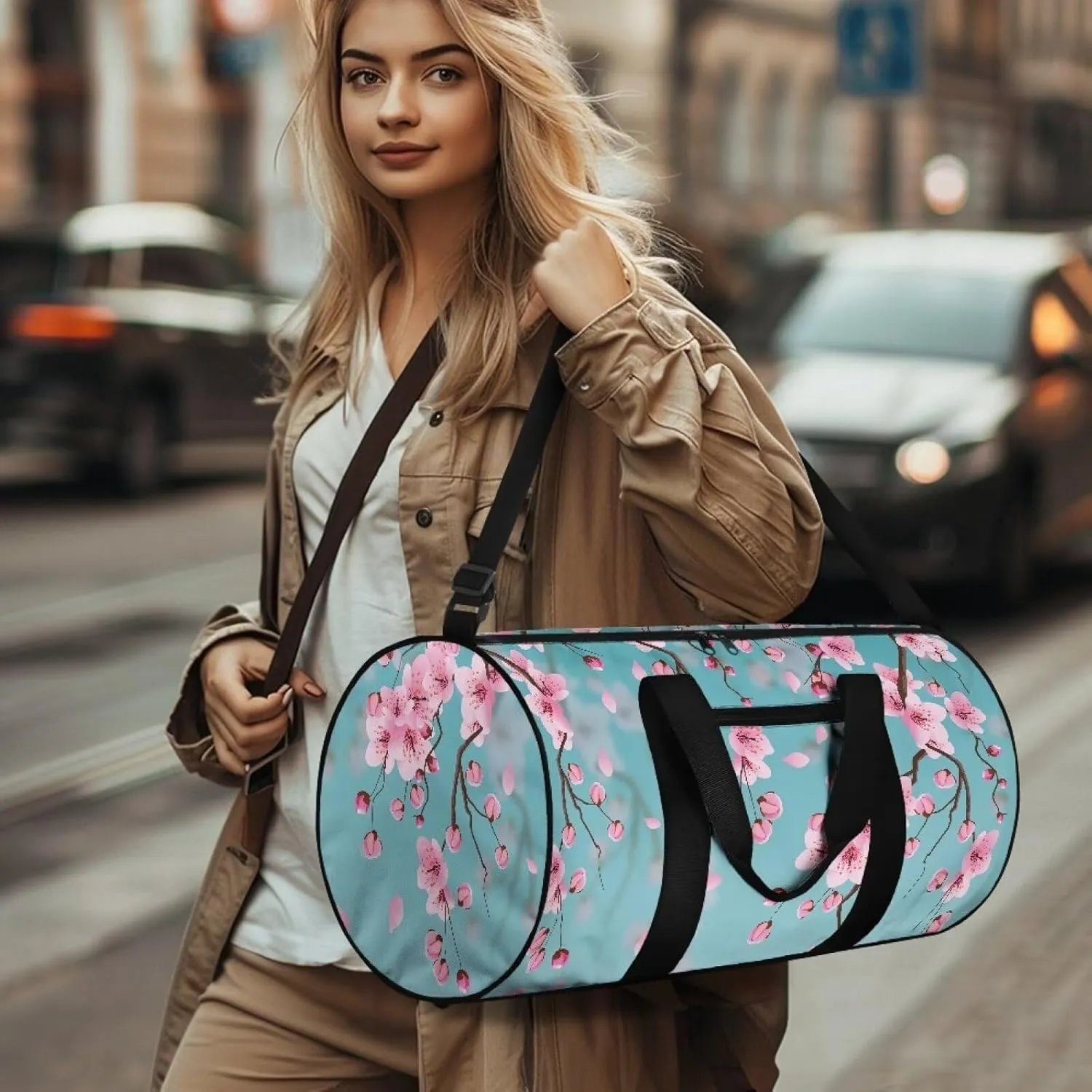 Talayituse Blue Cherry Blossom Print Duffel Bag for Women Gym Duffel Bag Carry On Garment Duffel Bag Portable Travel Bag with Shoulder Strap Zipper Workout Bag Crossbody Tote Bag Weekender Bag
