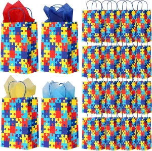Teling 60 Pcs Autism Awareness Paper Gift Bags with Handle Novelty Colorful Puzzle Giving Autism Candy Goodie Bags with Tissue Paper for Fundraiser and Event Party Supplies
