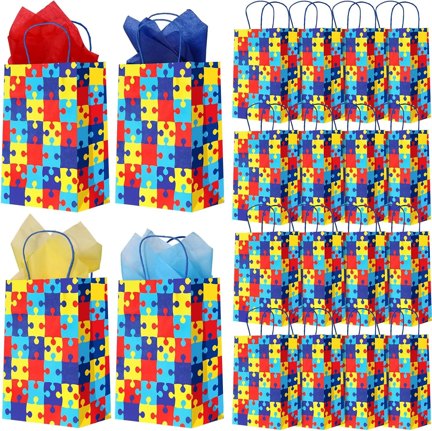 Teling 60 Pcs Autism Awareness Paper Gift Bags with Handle Novelty Colorful Puzzle Giving Autism Candy Goodie Bags with Tissue Paper for Fundraiser and Event Party Supplies