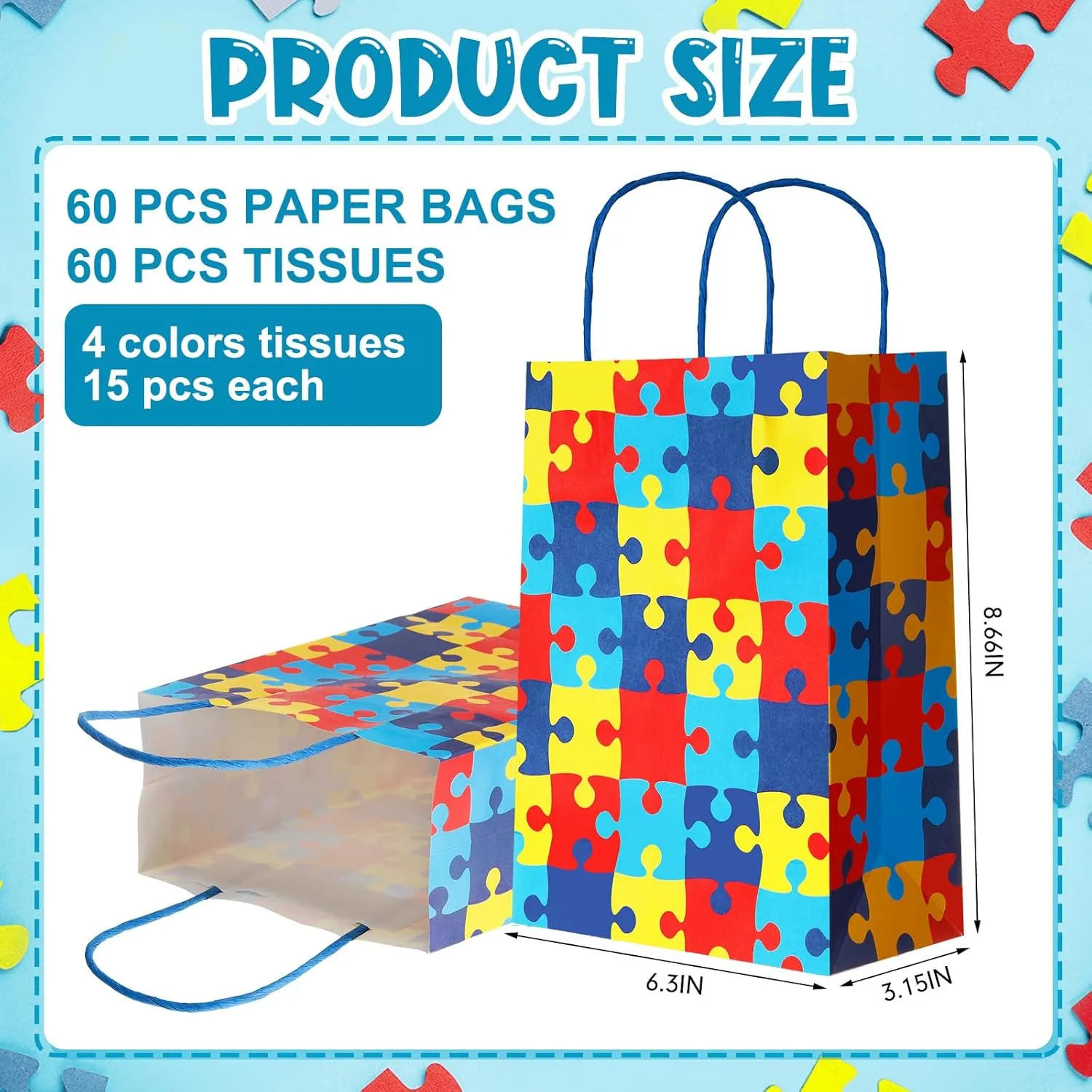 Teling 60 Pcs Autism Awareness Paper Gift Bags with Handle Novelty Colorful Puzzle Giving Autism Candy Goodie Bags with Tissue Paper for Fundraiser and Event Party Supplies