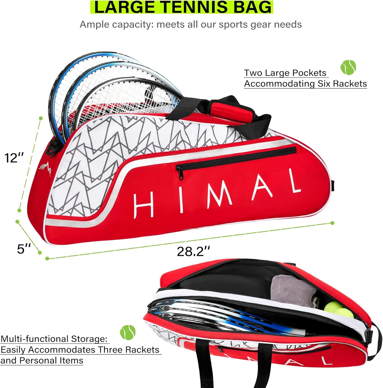 Tennis Bag for Men Women Holds 3 Rackets， Large Capacity Racquet Bags with Protective Pad, Removeable Shoulder Strap