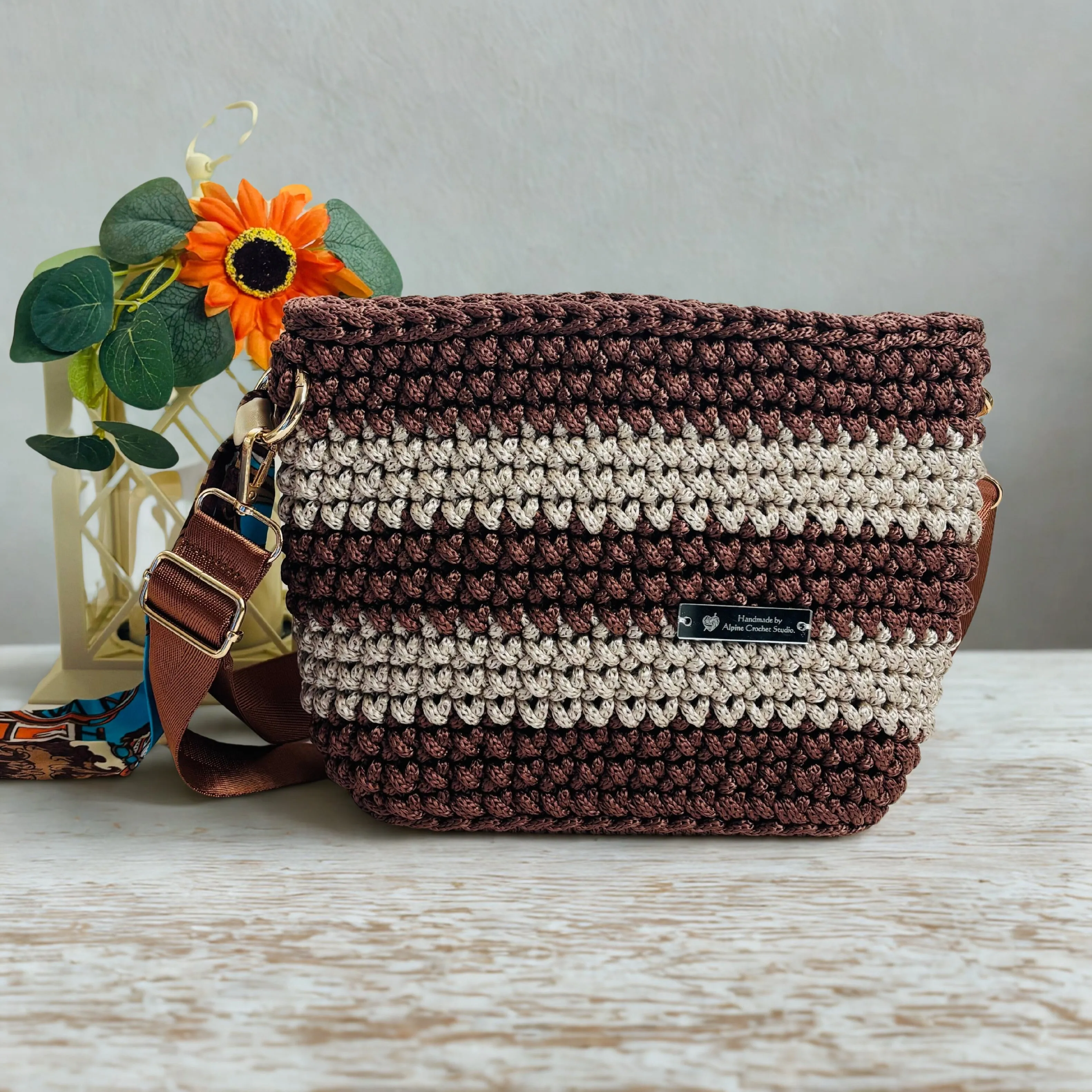The Alicia – Handmade Crochet Crossbody Bag in Copper & Latte