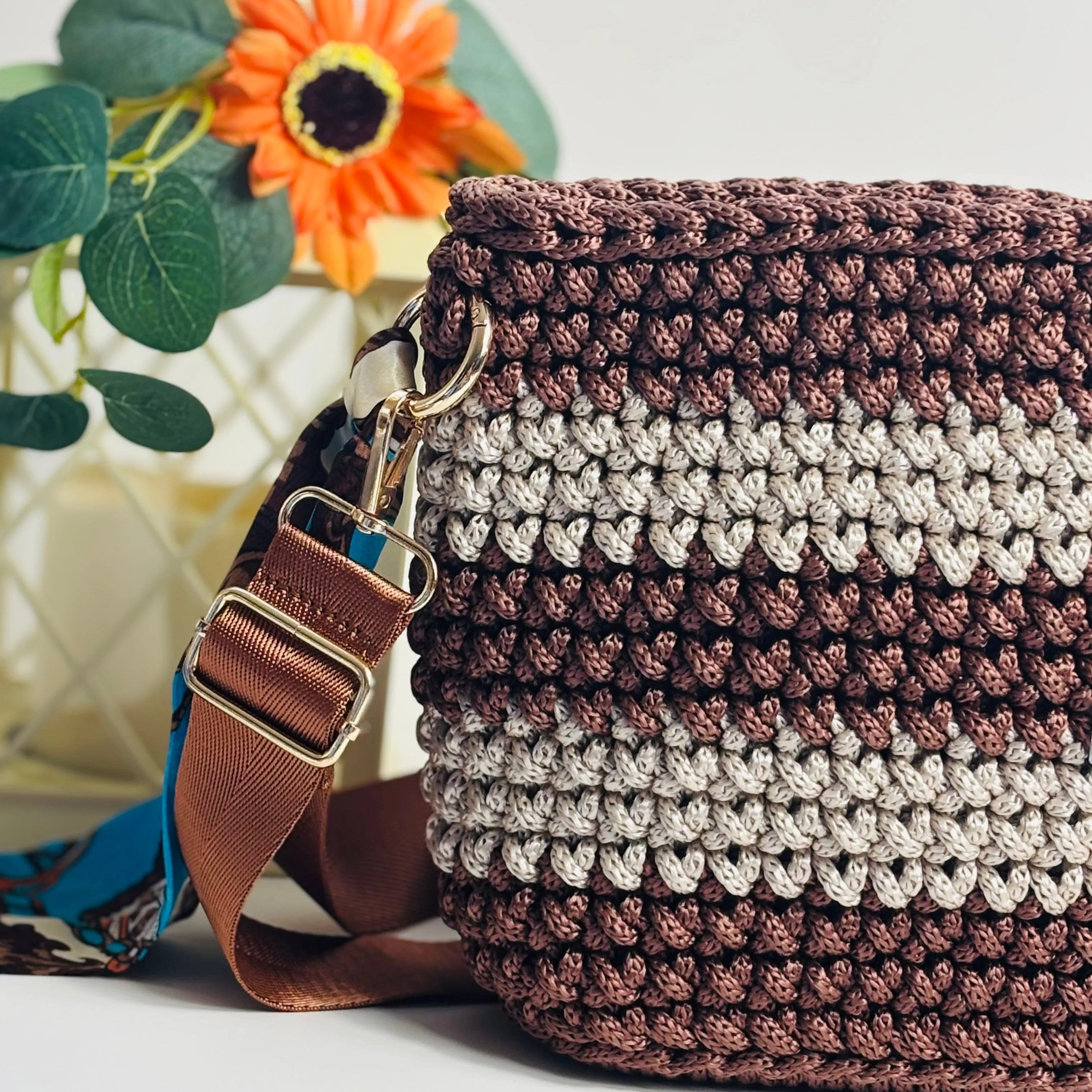 The Alicia – Handmade Crochet Crossbody Bag in Copper & Latte