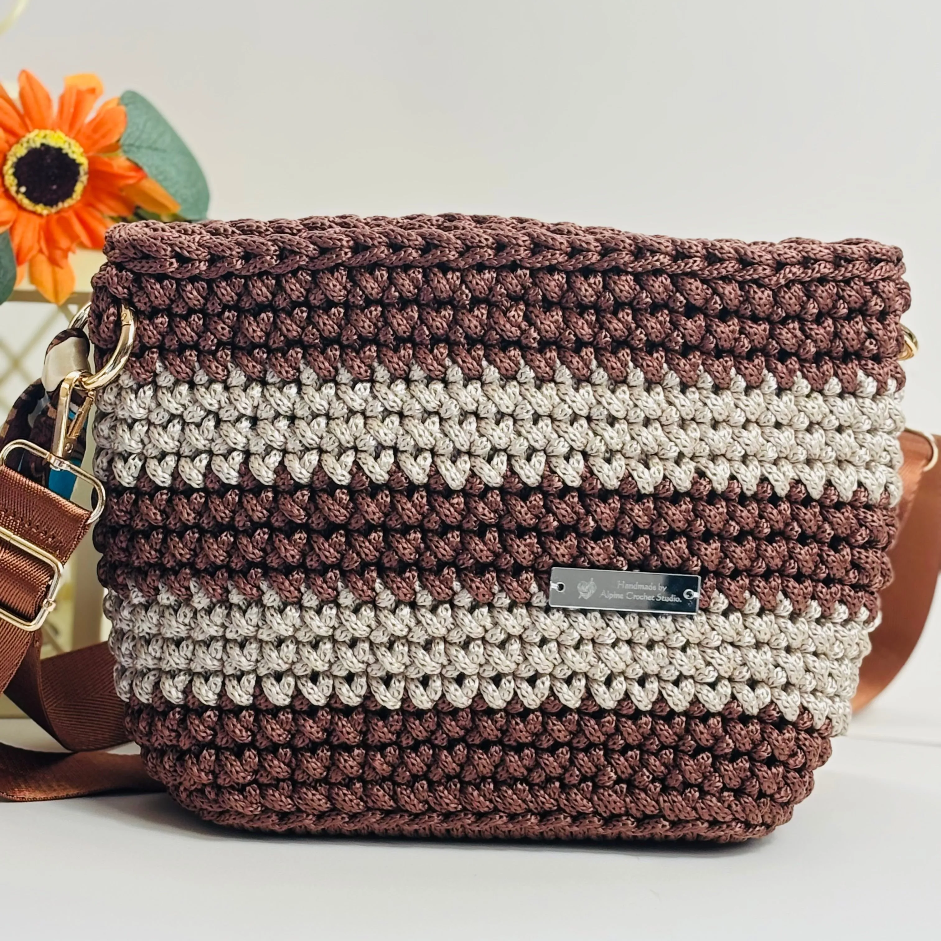 The Alicia – Handmade Crochet Crossbody Bag in Copper & Latte