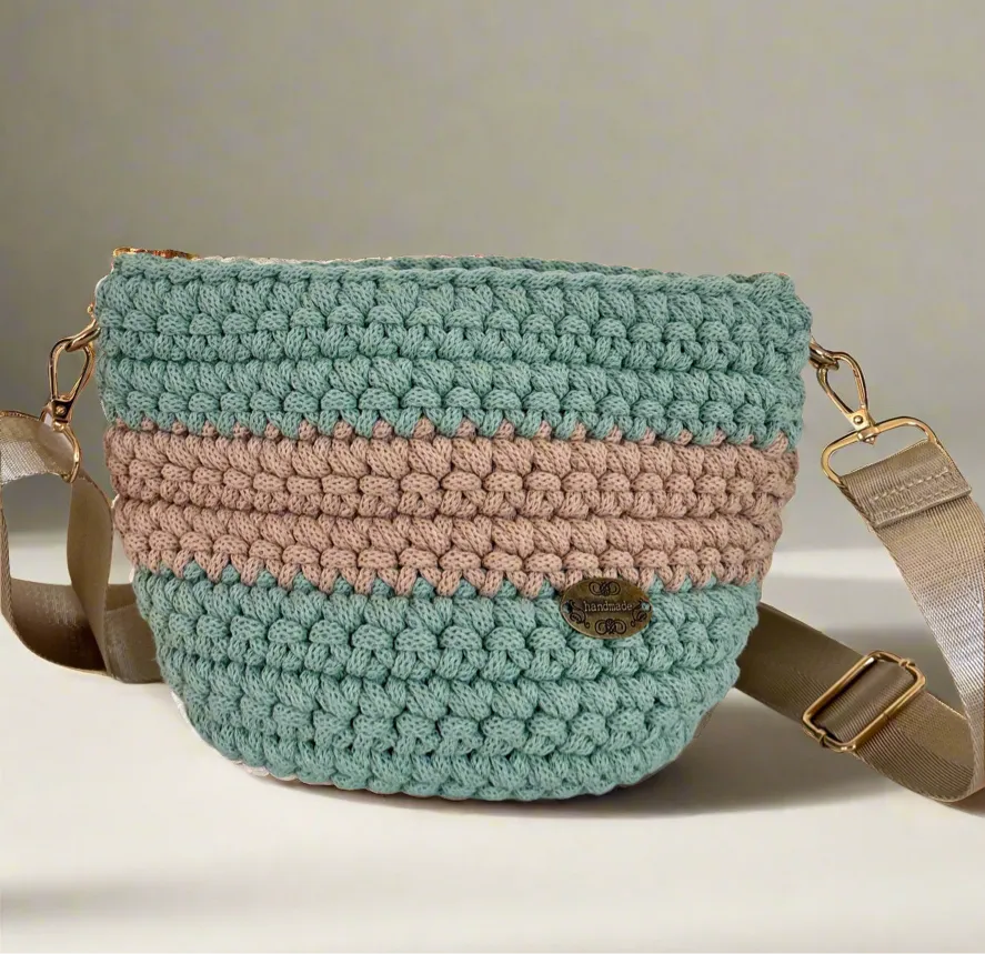 The Arwen – Handmade Crochet Crossbody Bag in Aloe & Caramel