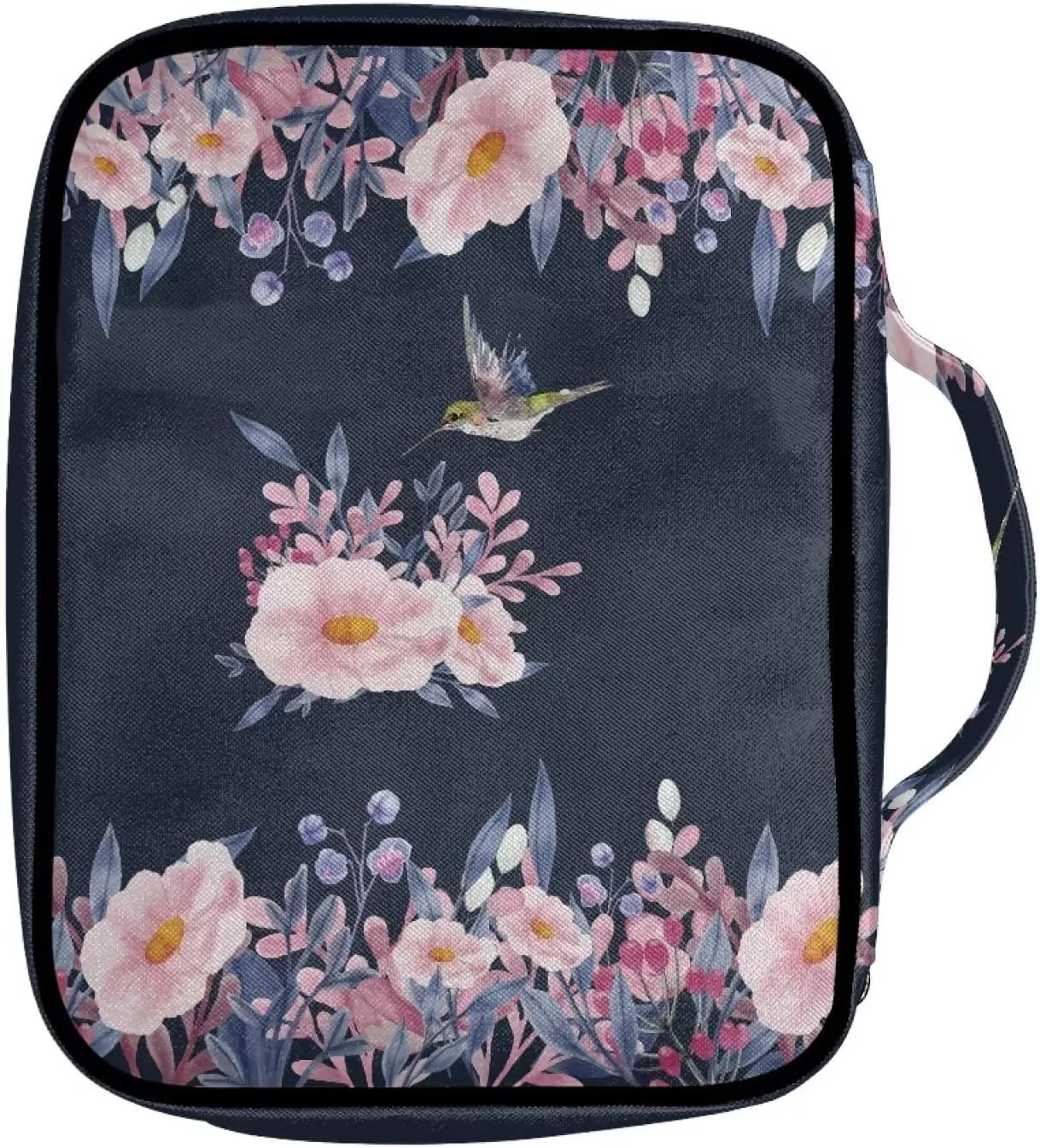 The Lord is My Strength and My Shield Bible Bag Pink Flower Hummingbird Pattern Large Bible Covers for Women Lightweight Bibble Bag and Totes Zippered Bible Carrying Case Handbag