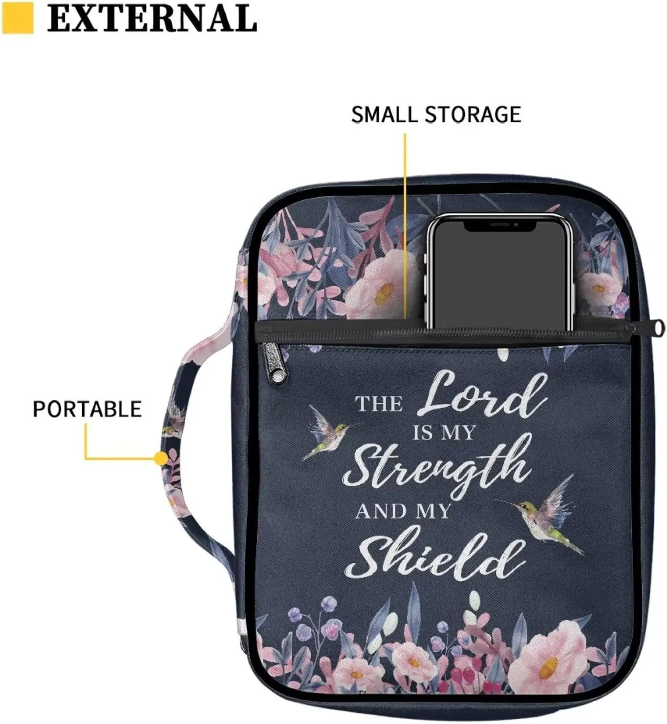 The Lord is My Strength and My Shield Bible Bag Pink Flower Hummingbird Pattern Large Bible Covers for Women Lightweight Bibble Bag and Totes Zippered Bible Carrying Case Handbag