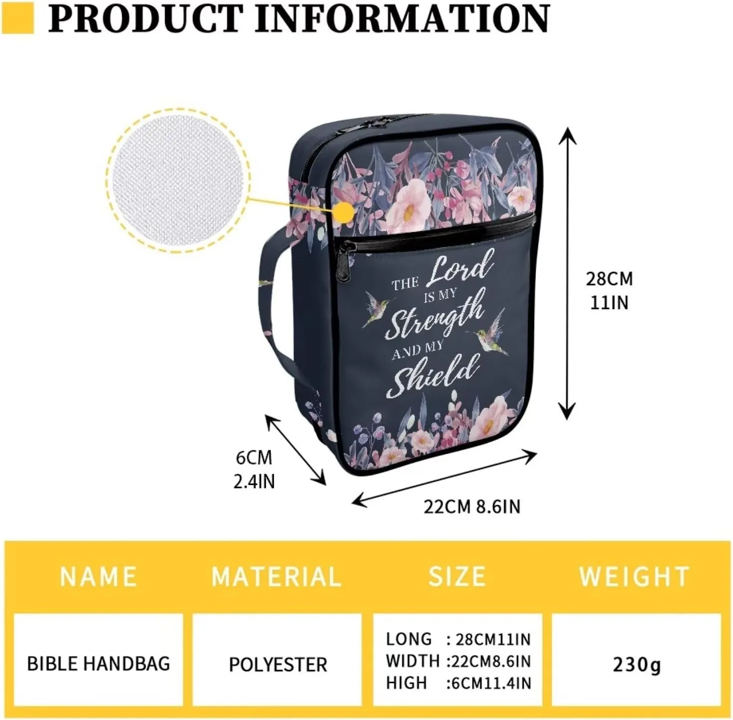 The Lord is My Strength and My Shield Bible Bag Pink Flower Hummingbird Pattern Large Bible Covers for Women Lightweight Bibble Bag and Totes Zippered Bible Carrying Case Handbag