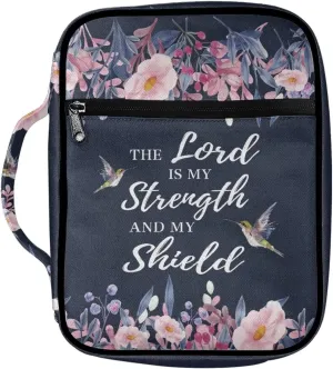 The Lord is My Strength and My Shield Bible Bag Pink Flower Hummingbird Pattern Large Bible Covers for Women Lightweight Bibble Bag and Totes Zippered Bible Carrying Case Handbag