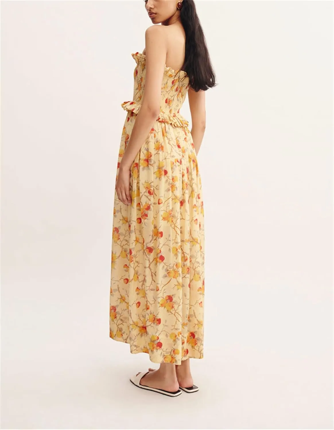 Thopavenoir Women's Strapless Floral Print Maxi Dress Chiffon Layered Tiered Tube Dresses Boho Baggy Swing Beach Sundresses