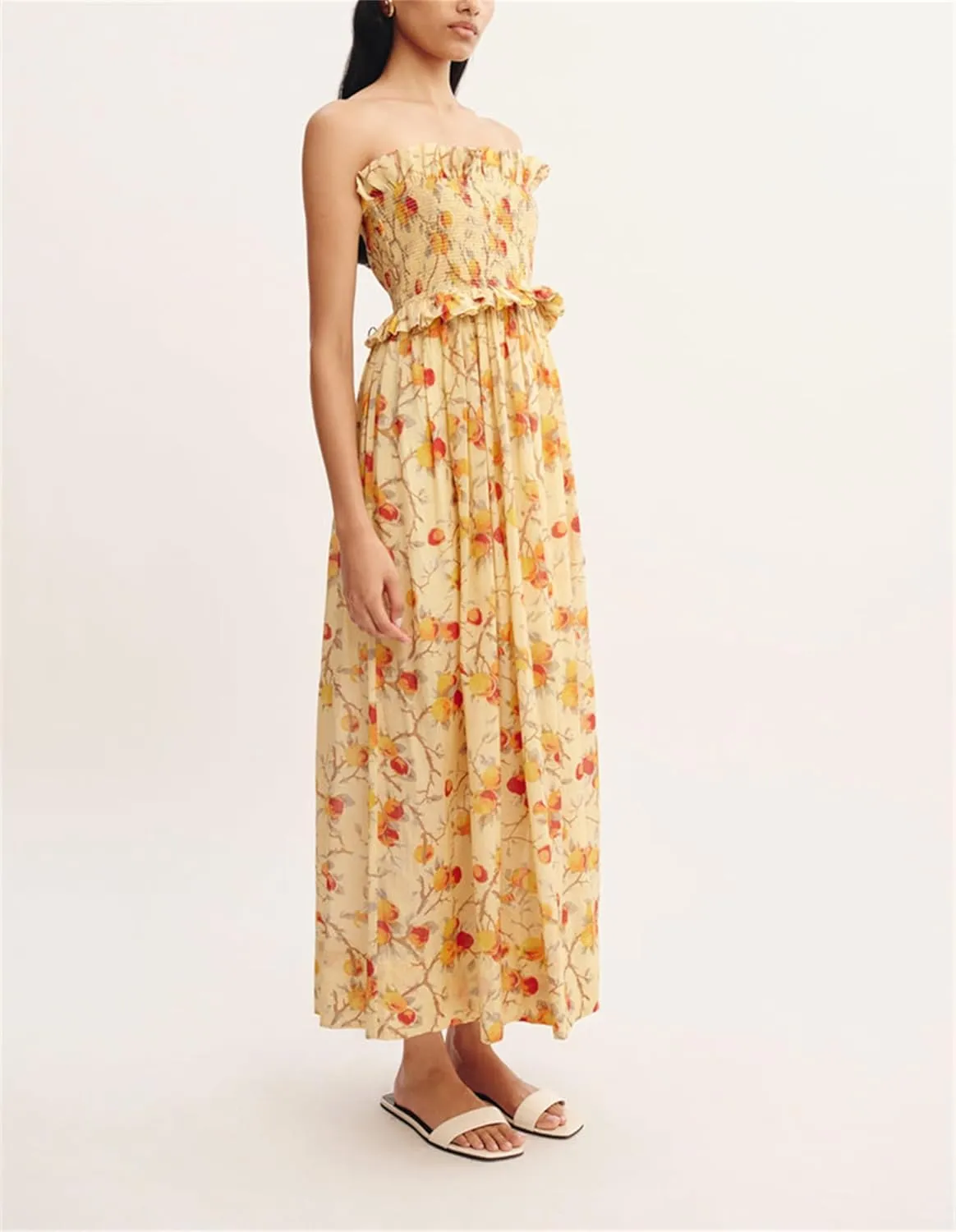 Thopavenoir Women's Strapless Floral Print Maxi Dress Chiffon Layered Tiered Tube Dresses Boho Baggy Swing Beach Sundresses