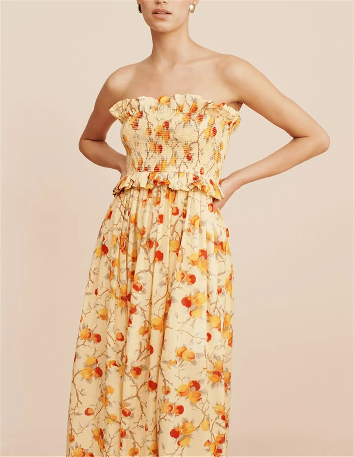 Thopavenoir Women's Strapless Floral Print Maxi Dress Chiffon Layered Tiered Tube Dresses Boho Baggy Swing Beach Sundresses