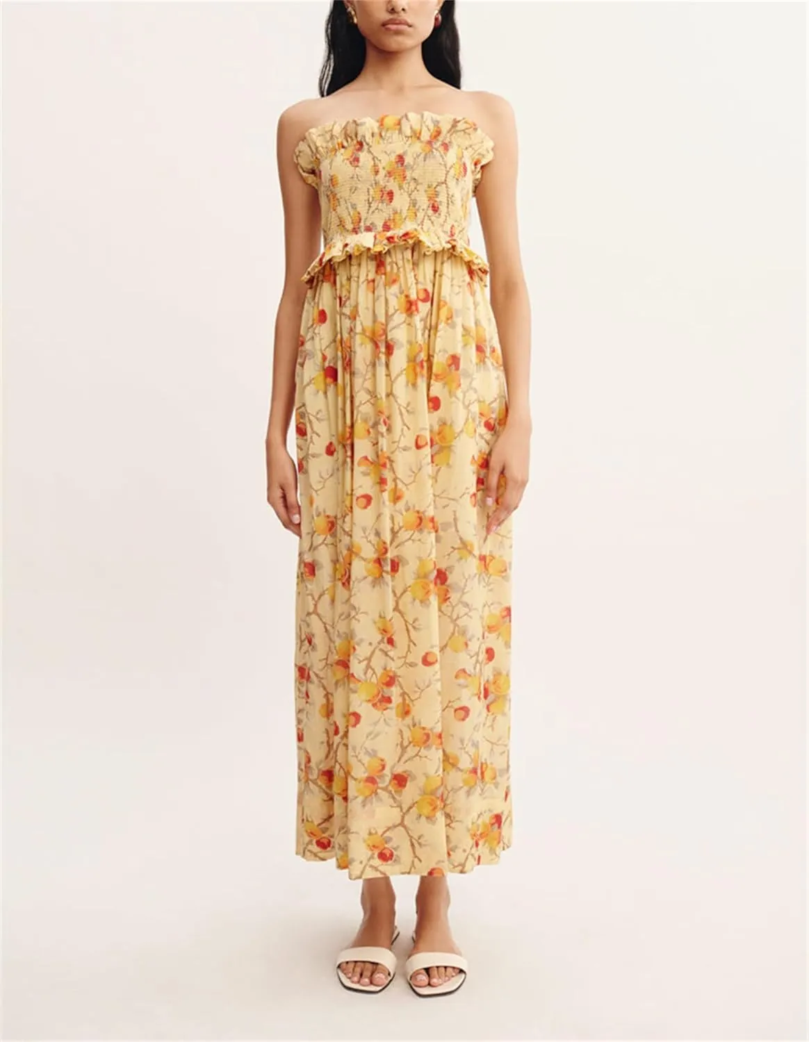 Thopavenoir Women's Strapless Floral Print Maxi Dress Chiffon Layered Tiered Tube Dresses Boho Baggy Swing Beach Sundresses