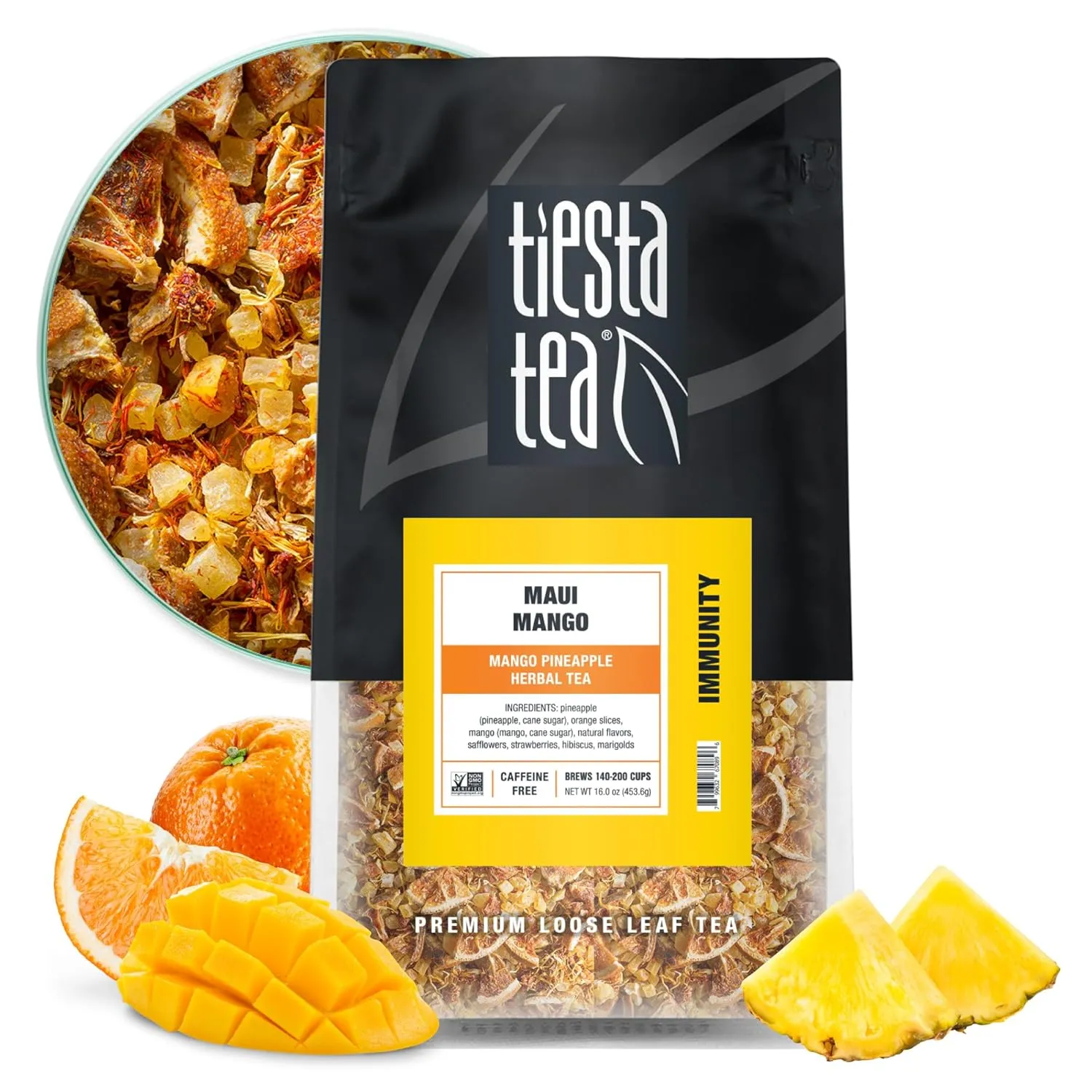 Tiesta Tea Maui Mango | Loose Leaf | Mango Pineapple Herbal Tea | Premium Non-Caffeinated Fruit Blend | Makes Hot or Iced & Brews Up to 200 Cups | 16 Ounce Resealable Bulk Pouch