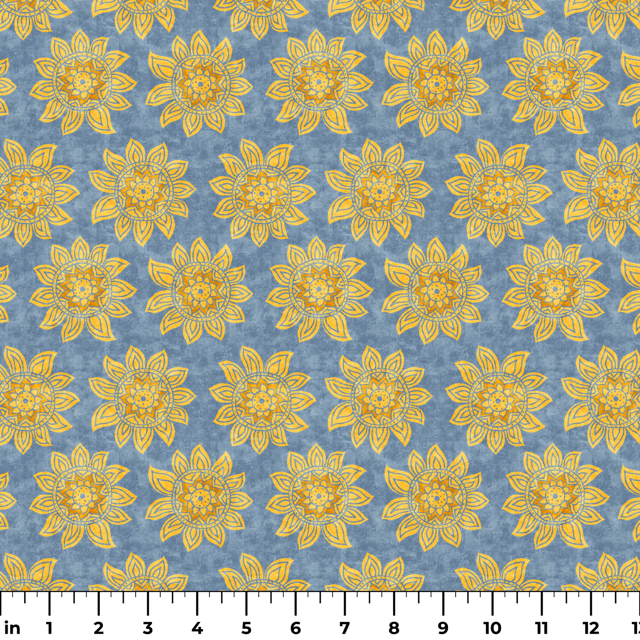 Tim Coffey - Sunny Mandalas - Golden Sunflower Blue Fabric