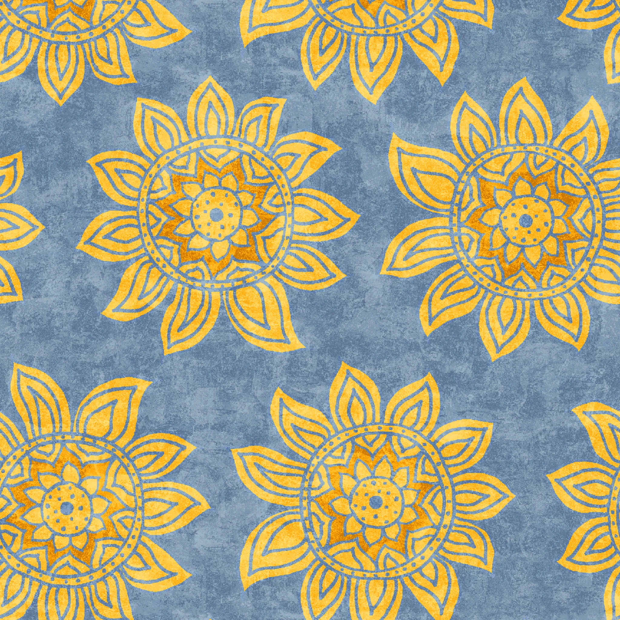 Tim Coffey - Sunny Mandalas - Golden Sunflower Blue Fabric