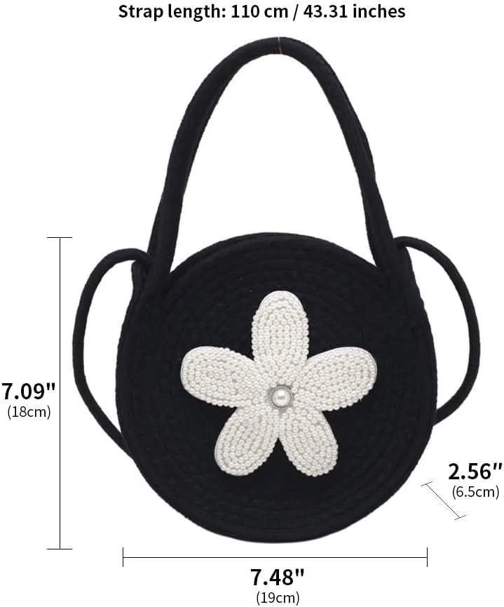 Tote Bag for Women Cotton Purses and Handbags Hand-Woven Top Handle Satchel Bag Flower Crossbody Shoulder Handbag Black