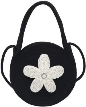 Tote Bag for Women Cotton Purses and Handbags Hand-Woven Top Handle Satchel Bag Flower Crossbody Shoulder Handbag Black